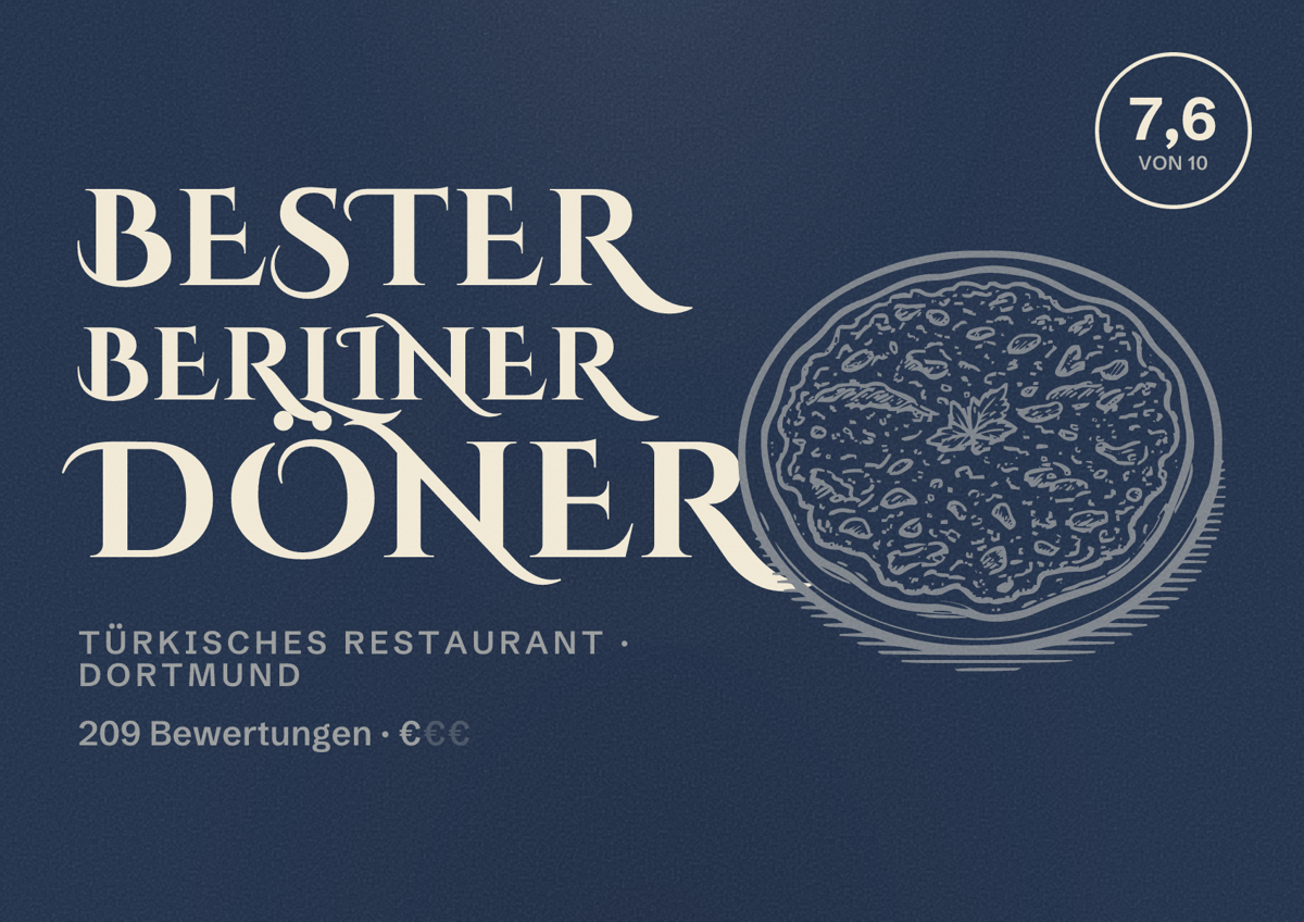 Illustriertes Poster von Bester Berliner Döner, Türkisches Restaurant in Dortmund: Bewertung 7,6 von 10 aus 209 Bewertungen, Preisniveau €