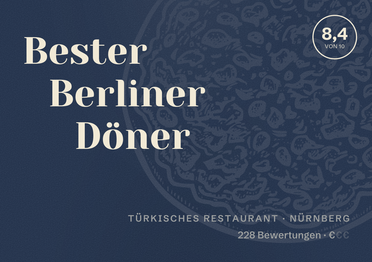 Illustriertes Poster von Bester Berliner Döner, Türkisches Restaurant in Nürnberg: Bewertung 8,4 von 10 aus 228 Bewertungen, Preisniveau €