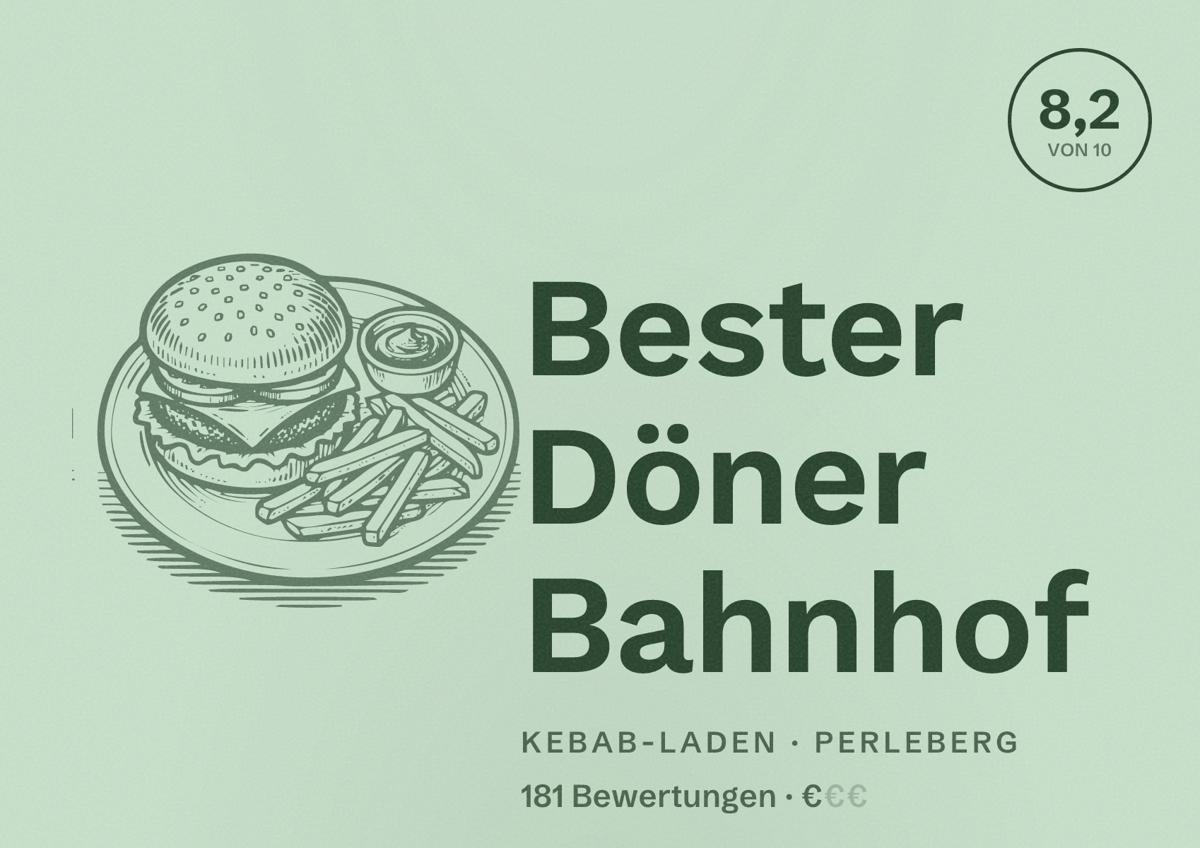 Illustriertes Poster von Bester Döner Bahnhof, Kebab-Laden in Perleberg: Bewertung 8,2 von 10 aus 181 Bewertungen, Preisniveau €