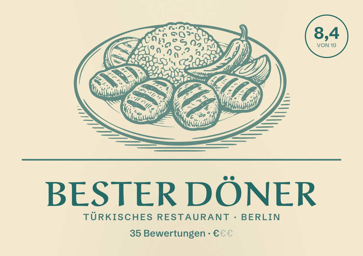 Illustriertes Poster von Bester Döner, Türkisches Restaurant in Berlin: Bewertung 8,4 von 10 aus 35 Bewertungen, Preisniveau €