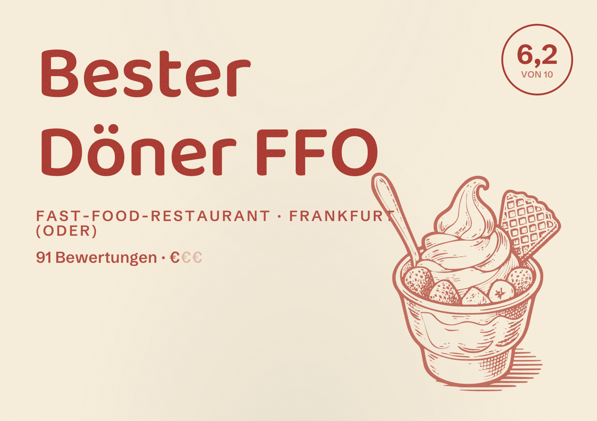 Illustriertes Poster von Bester Döner FFO, Fast-Food-Restaurant in Frankfurt (Oder): Bewertung 6,2 von 10 aus 91 Bewertungen, Preisniveau €