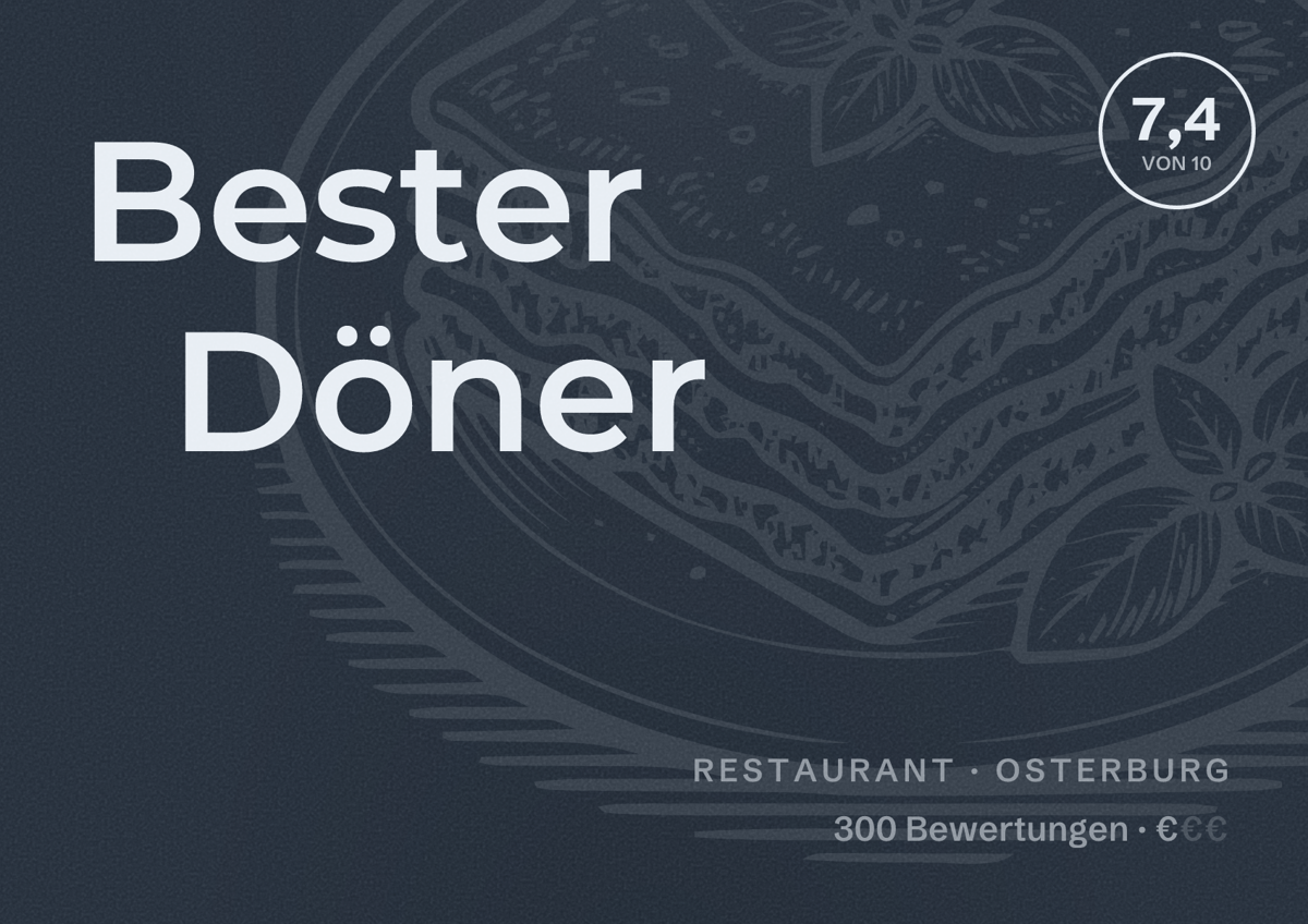 Illustriertes Poster von Bester Döner, Restaurant in Osterburg: Bewertung 7,4 von 10 aus 300 Bewertungen, Preisniveau €