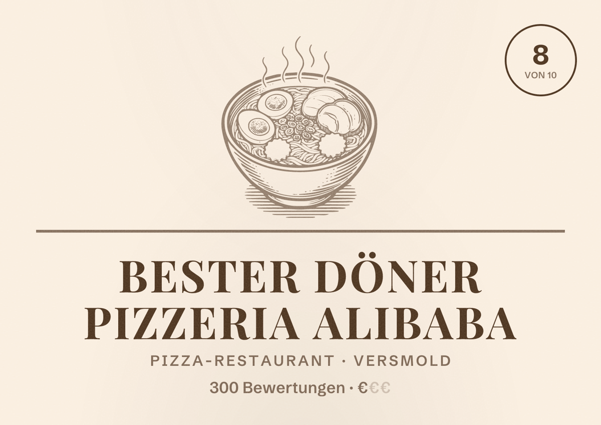 Illustriertes Poster von Bester Döner Pizzeria ALIBABA, Pizza-Restaurant in Versmold: Bewertung 8 von 10 aus 300 Bewertungen, Preisniveau €