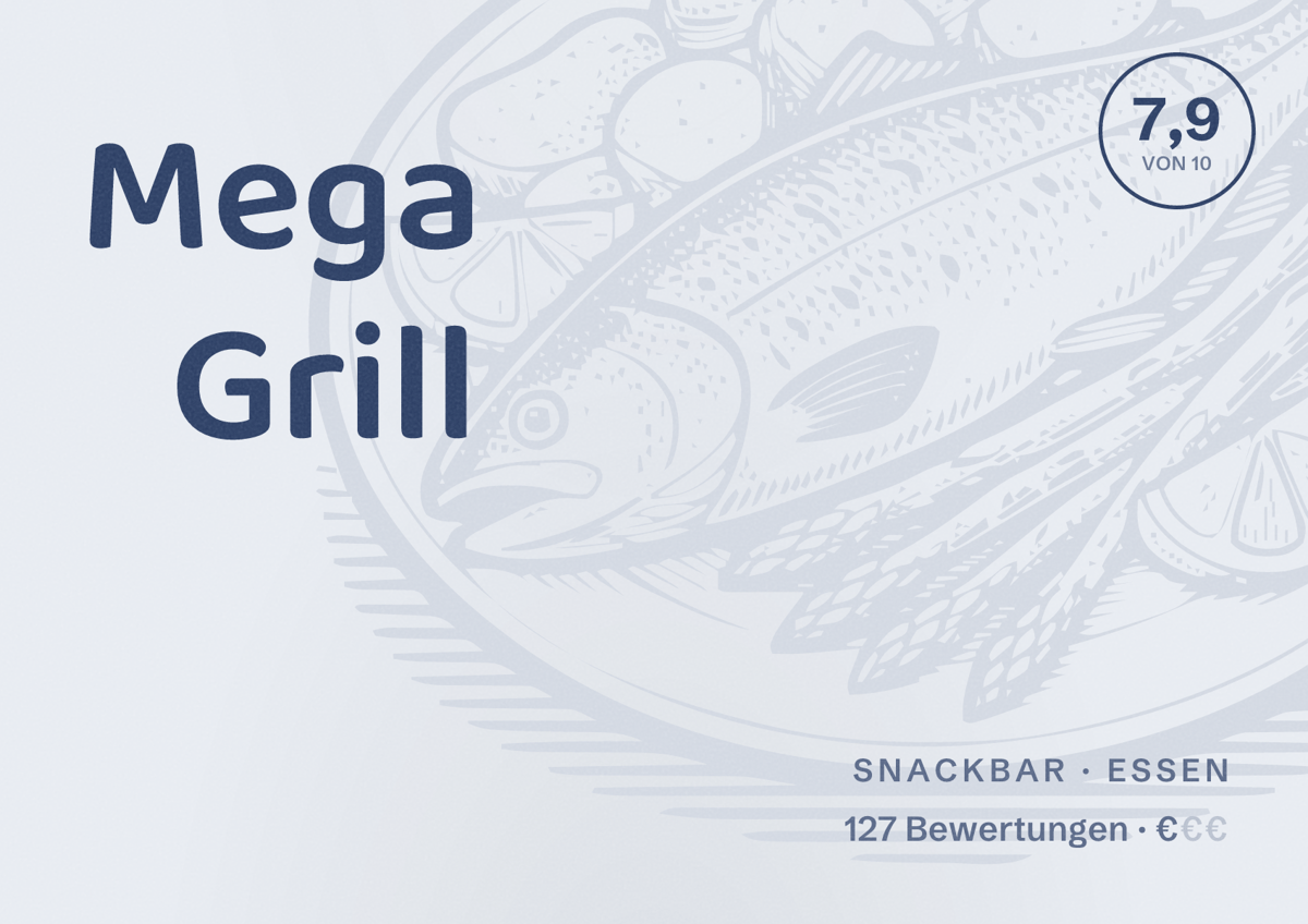 Illustriertes Poster von Mega Grill, Snackbar in Essen: Bewertung 7,9 von 10 aus 127 Bewertungen, Preisniveau €