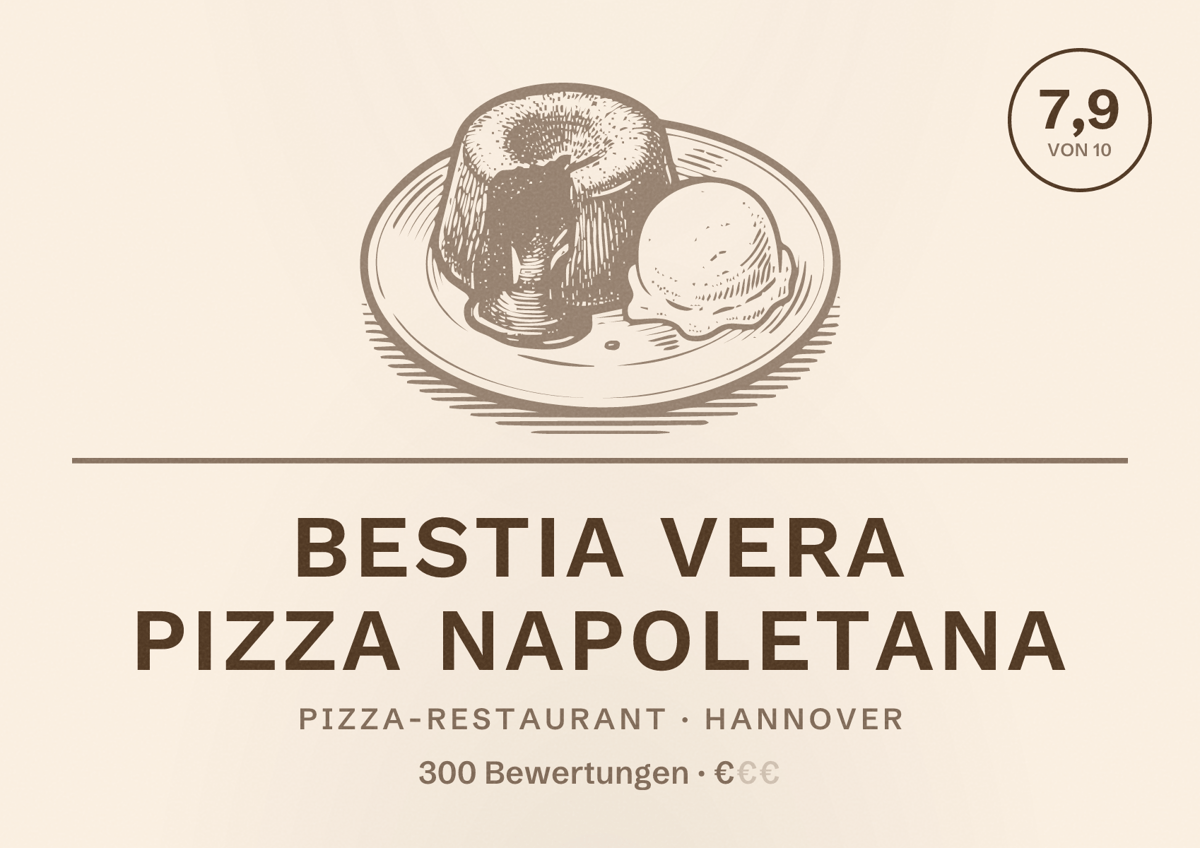 Illustriertes Poster von BESTIA Vera Pizza Napoletana, Pizza-Restaurant in Hannover: Bewertung 7,9 von 10 aus 300 Bewertungen, Preisniveau €