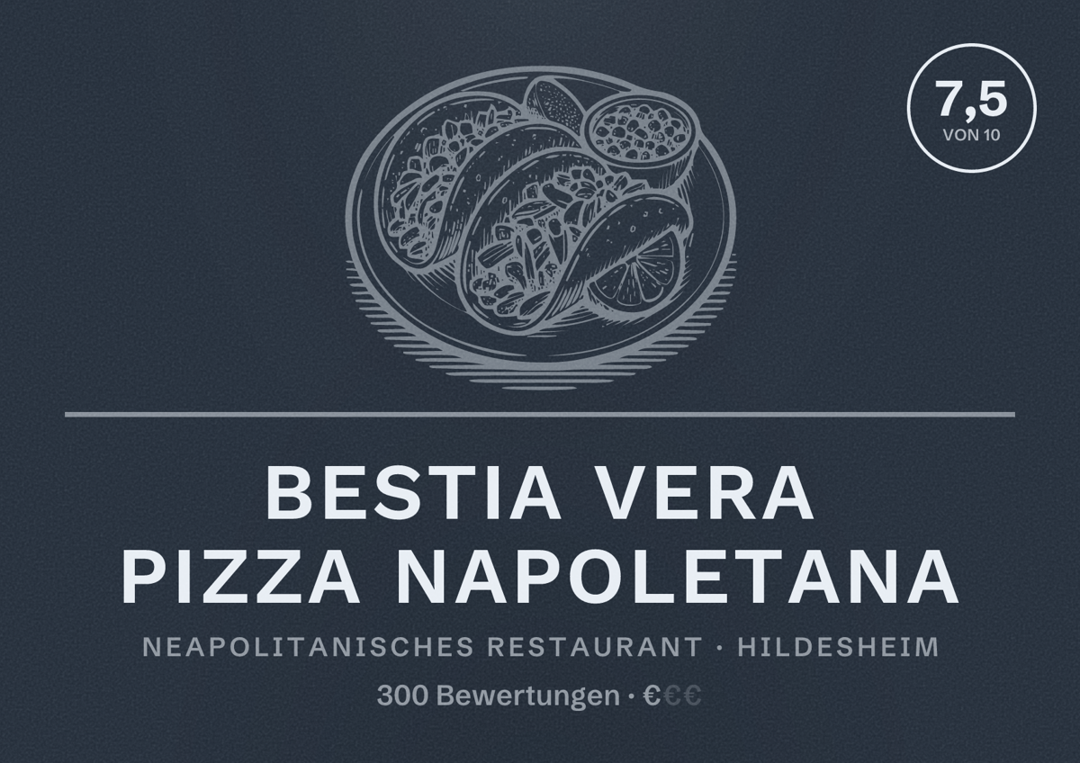 Illustriertes Poster von BESTIA Vera Pizza Napoletana, Neapolitanisches Restaurant in Hildesheim: Bewertung 7,5 von 10 aus 300 Bewertungen, Preisniveau €