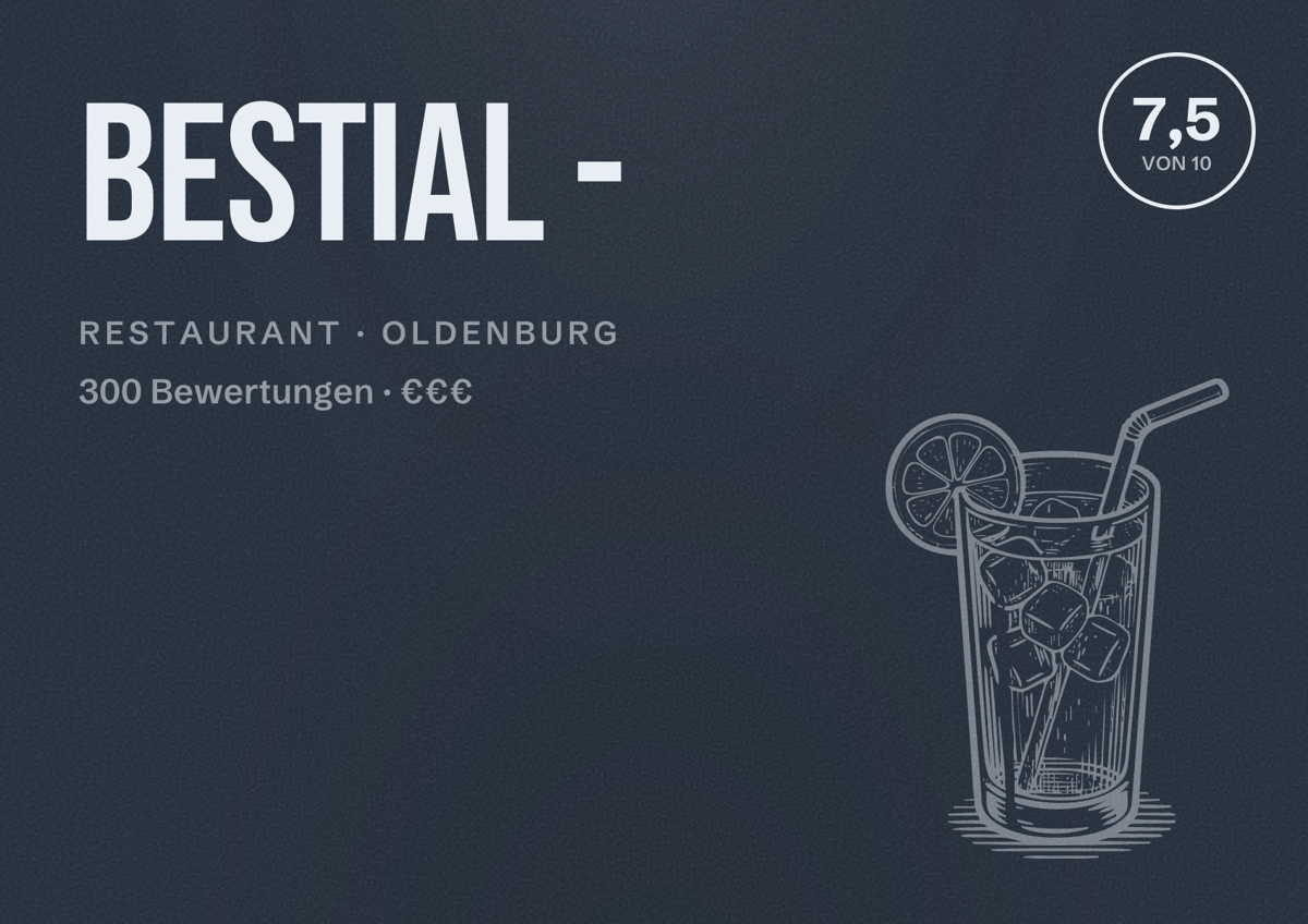 Illustriertes Poster von Bestial -, Restaurant in Oldenburg: Bewertung 7,5 von 10 aus 300 Bewertungen, Preisniveau €€€