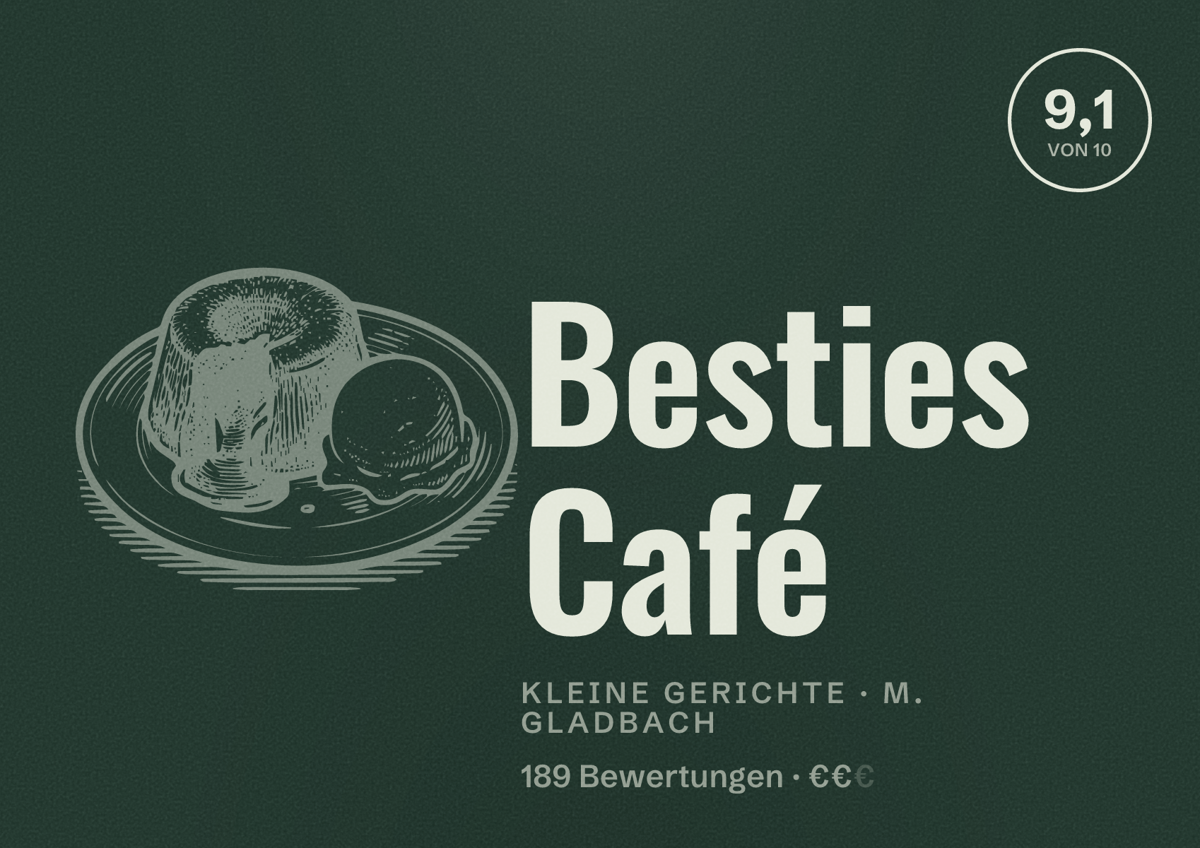 Illustriertes Poster von Besties Café, Kleine Gerichte in M. Gladbach: Bewertung 9,1 von 10 aus 189 Bewertungen, Preisniveau €€