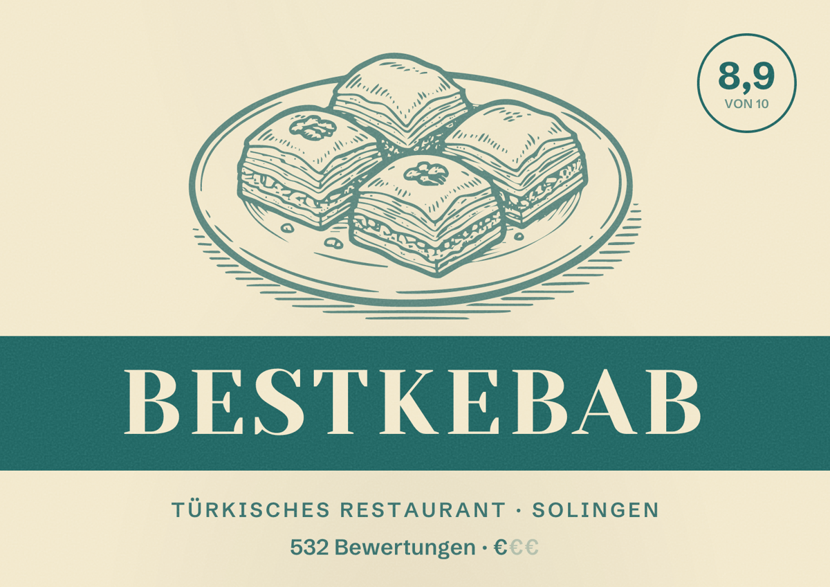 Illustriertes Poster von Bestkebab, Türkisches Restaurant in Solingen: Bewertung 8,9 von 10 aus 532 Bewertungen, Preisniveau €