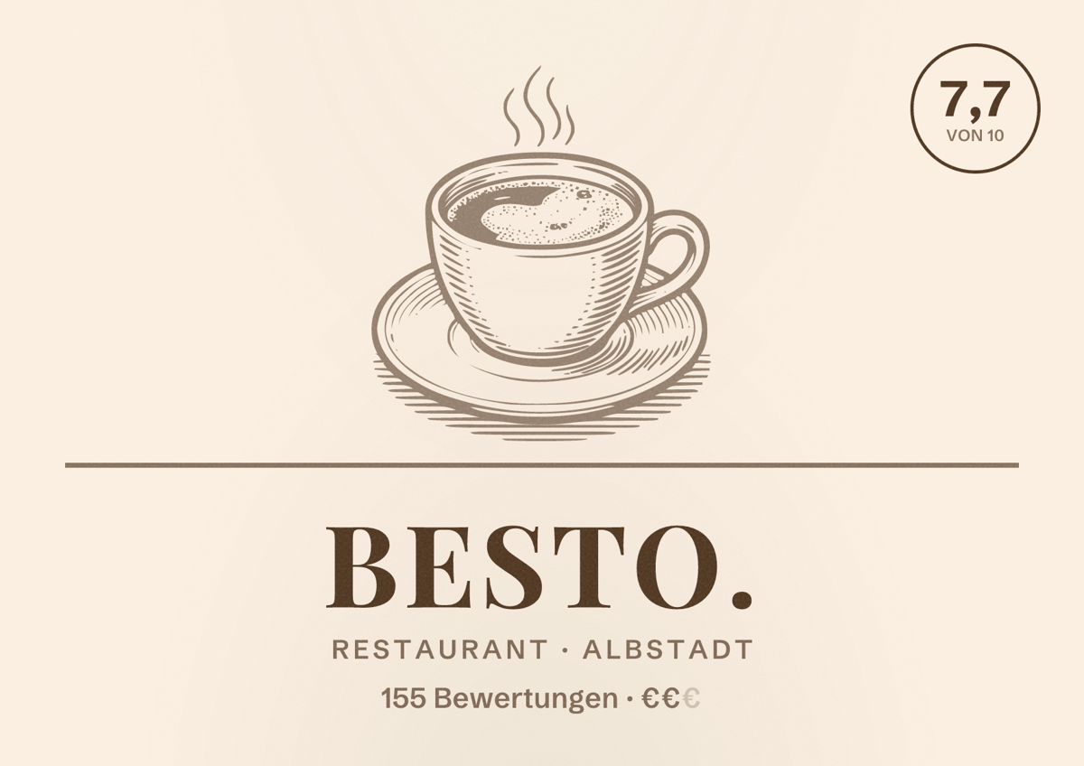 Illustriertes Poster von besto., Restaurant in Albstadt: Bewertung 7,7 von 10 aus 155 Bewertungen, Preisniveau €€
