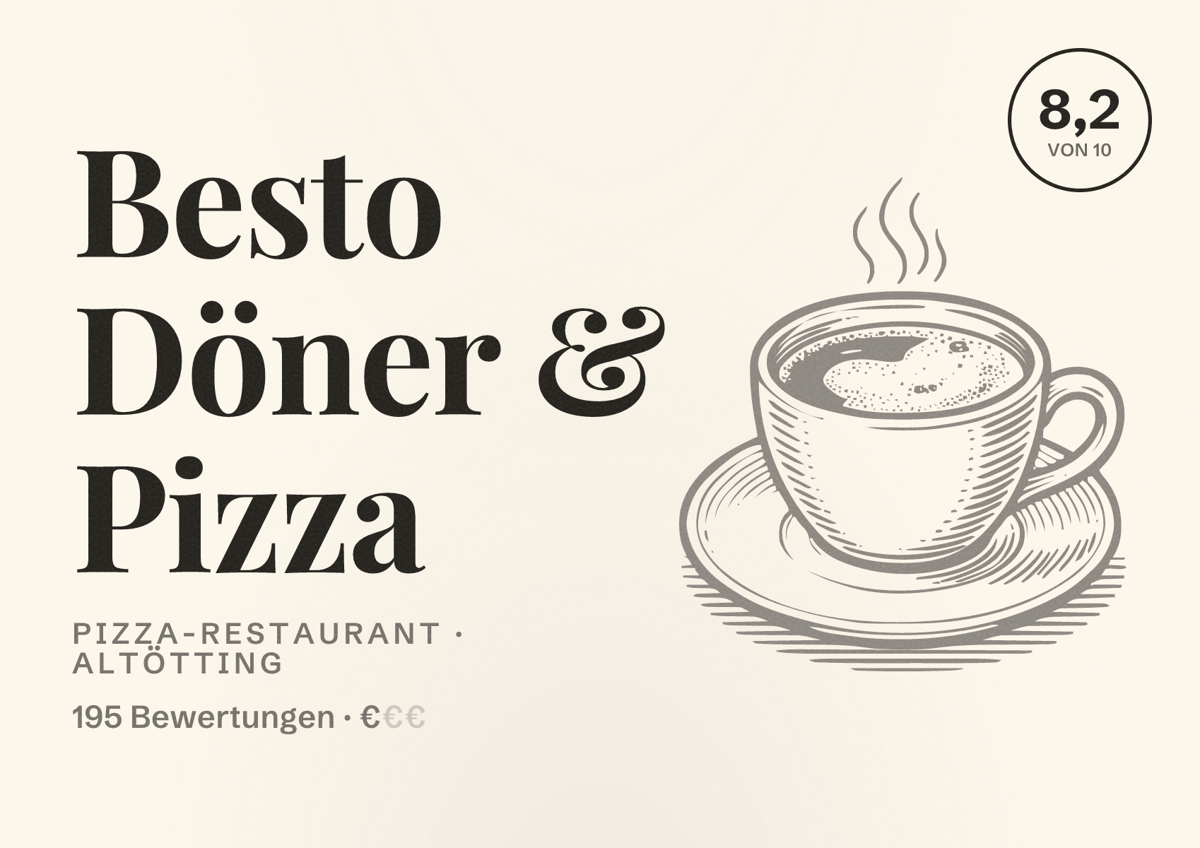 Illustriertes Poster von Besto Döner & Pizza, Pizza-Restaurant in Altötting: Bewertung 8,2 von 10 aus 195 Bewertungen, Preisniveau €