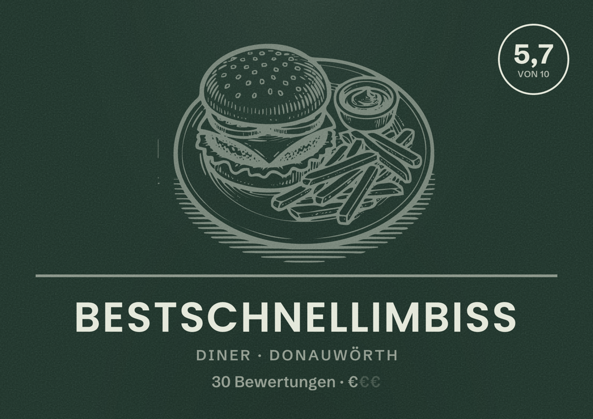 Illustriertes Poster von Bestschnellimbiss, Diner in Donauwörth: Bewertung 5,7 von 10 aus 30 Bewertungen, Preisniveau €