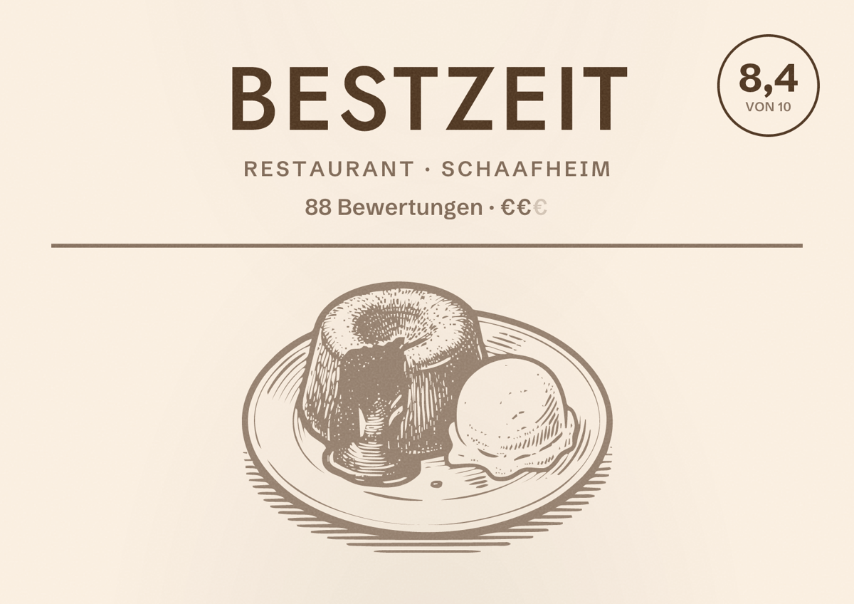 Illustriertes Poster von BESTZEIT, Restaurant in Schaafheim: Bewertung 8,4 von 10 aus 88 Bewertungen, Preisniveau €€