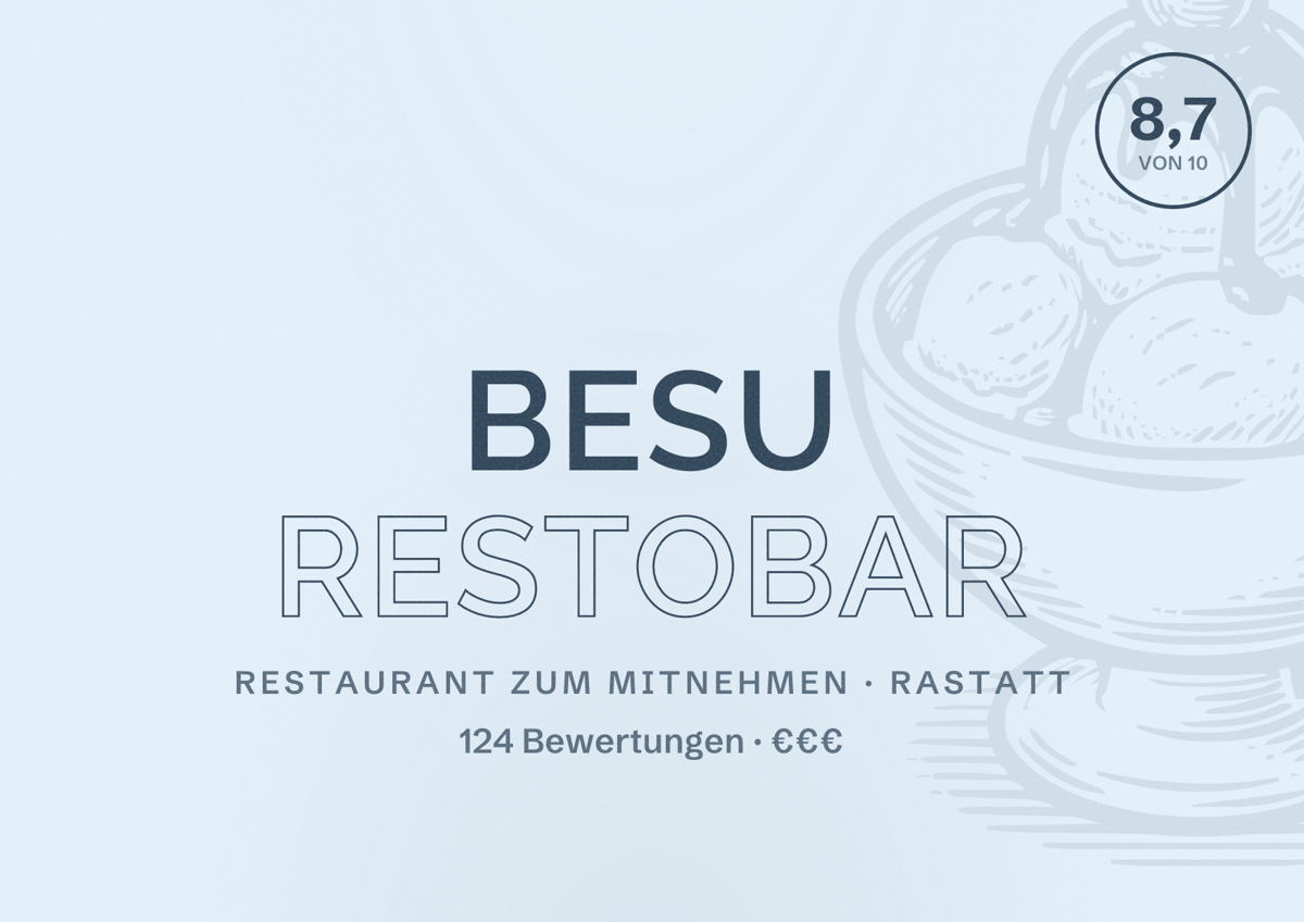 Illustriertes Poster von BeSu Restobar, Restaurant zum Mitnehmen in Rastatt: Bewertung 8,7 von 10 aus 124 Bewertungen, Preisniveau €€€