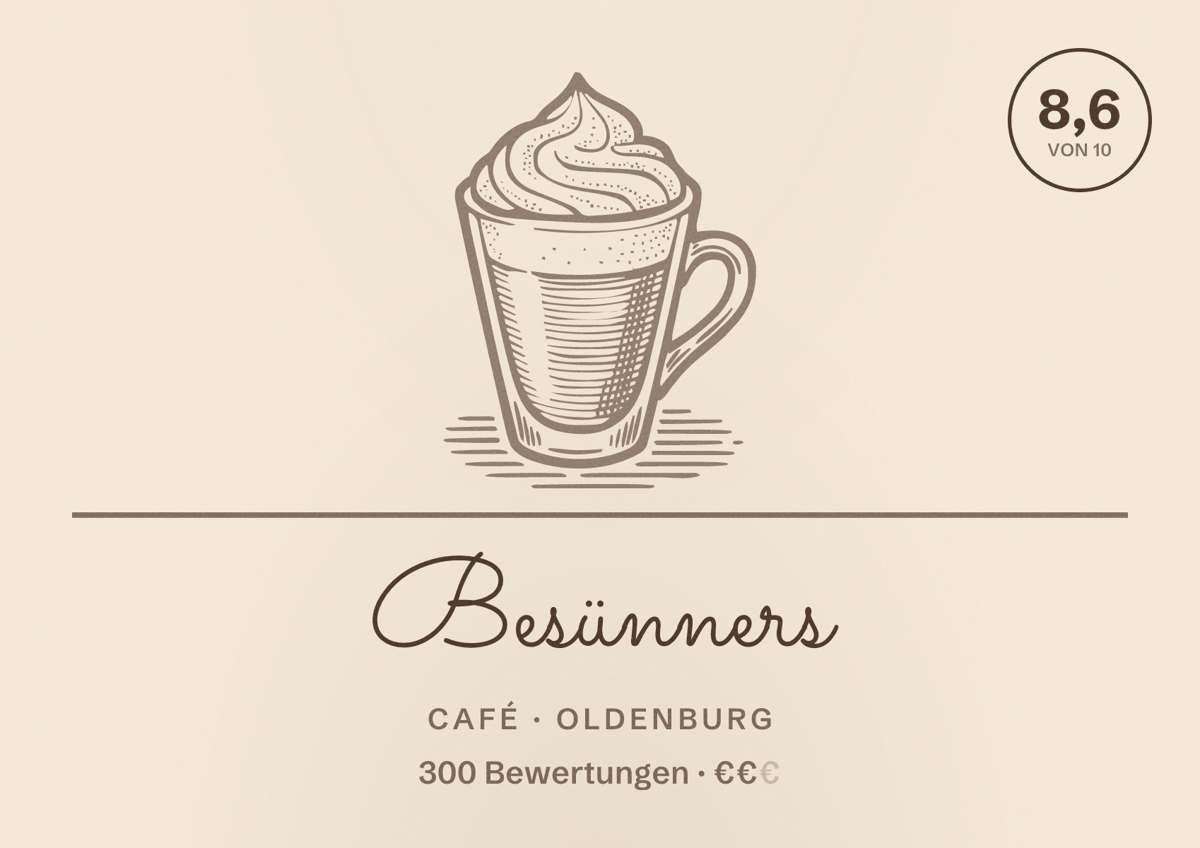 Illustriertes Poster von Besünners, Café in Oldenburg: Bewertung 8,6 von 10 aus 300 Bewertungen, Preisniveau €€