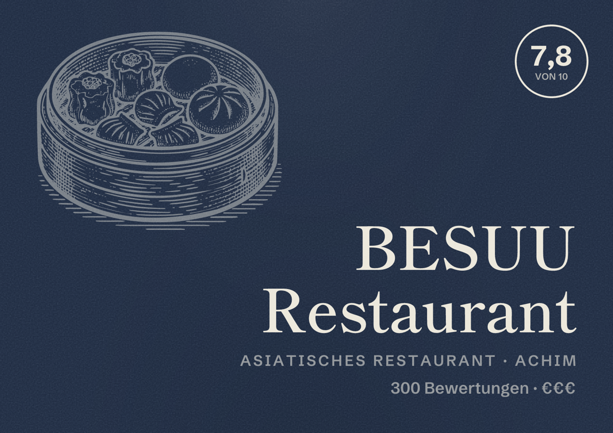Illustriertes Poster von BESUU Restaurant, Asiatisches Restaurant in Achim: Bewertung 7,8 von 10 aus 300 Bewertungen, Preisniveau €€€