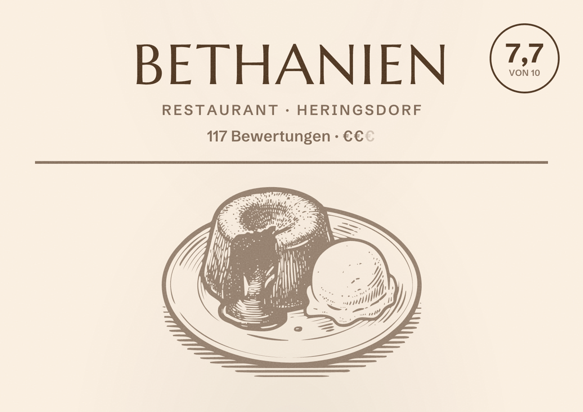Illustriertes Poster von Bethanien, Restaurant in Heringsdorf: Bewertung 7,7 von 10 aus 117 Bewertungen, Preisniveau €€