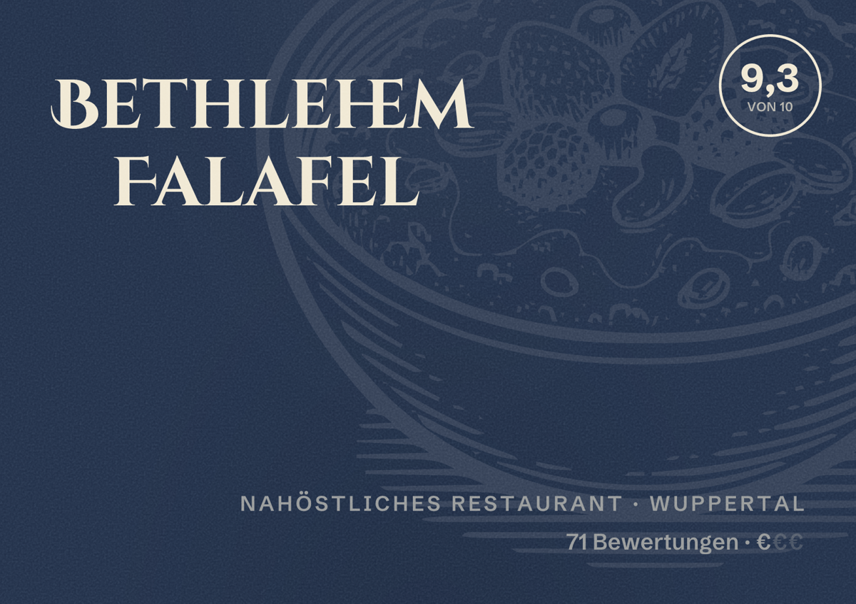 Illustriertes Poster von Bethlehem Falafel, Nahöstliches Restaurant in Wuppertal: Bewertung 9,3 von 10 aus 71 Bewertungen, Preisniveau €