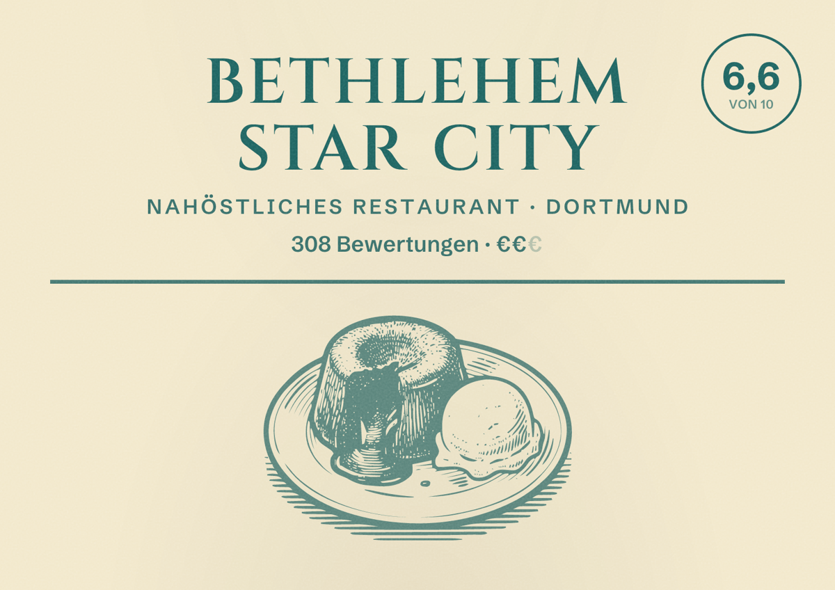 Illustriertes Poster von Bethlehem Star City, Nahöstliches Restaurant in Dortmund: Bewertung 6,6 von 10 aus 308 Bewertungen, Preisniveau €€