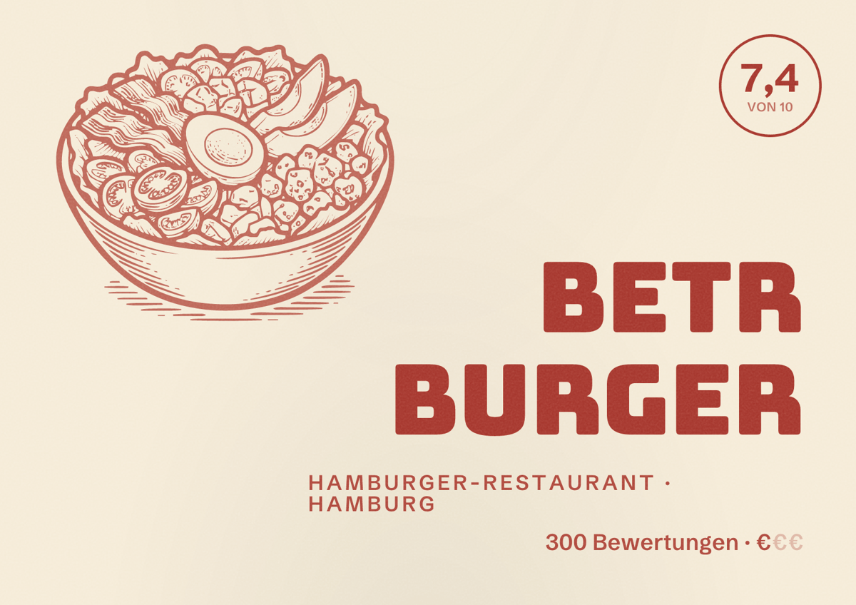 Illustriertes Poster von BETR Burger, Hamburger-Restaurant in Hamburg: Bewertung 7,4 von 10 aus 300 Bewertungen, Preisniveau €