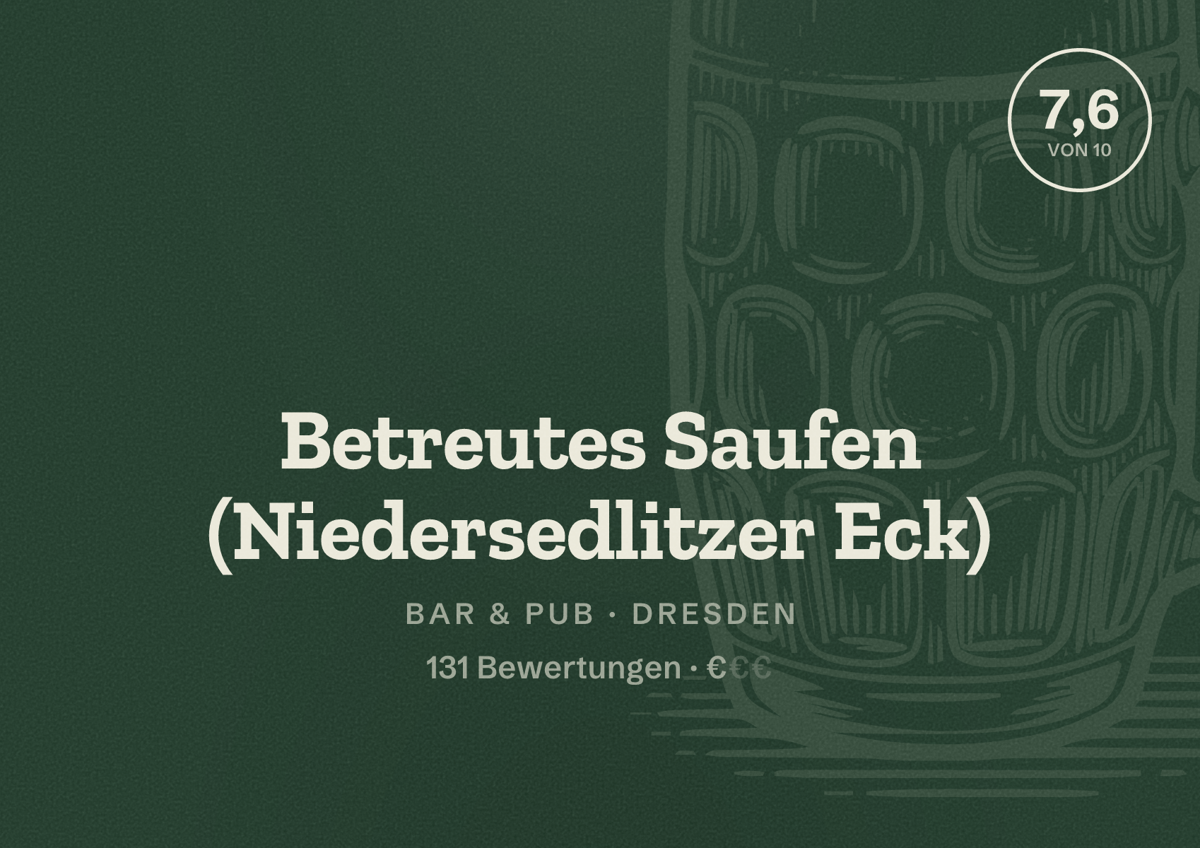 Illustriertes Poster von Betreutes Saufen (Niedersedlitzer Eck), Bar & Pub in Dresden: Bewertung 7,6 von 10 aus 131 Bewertungen, Preisniveau €