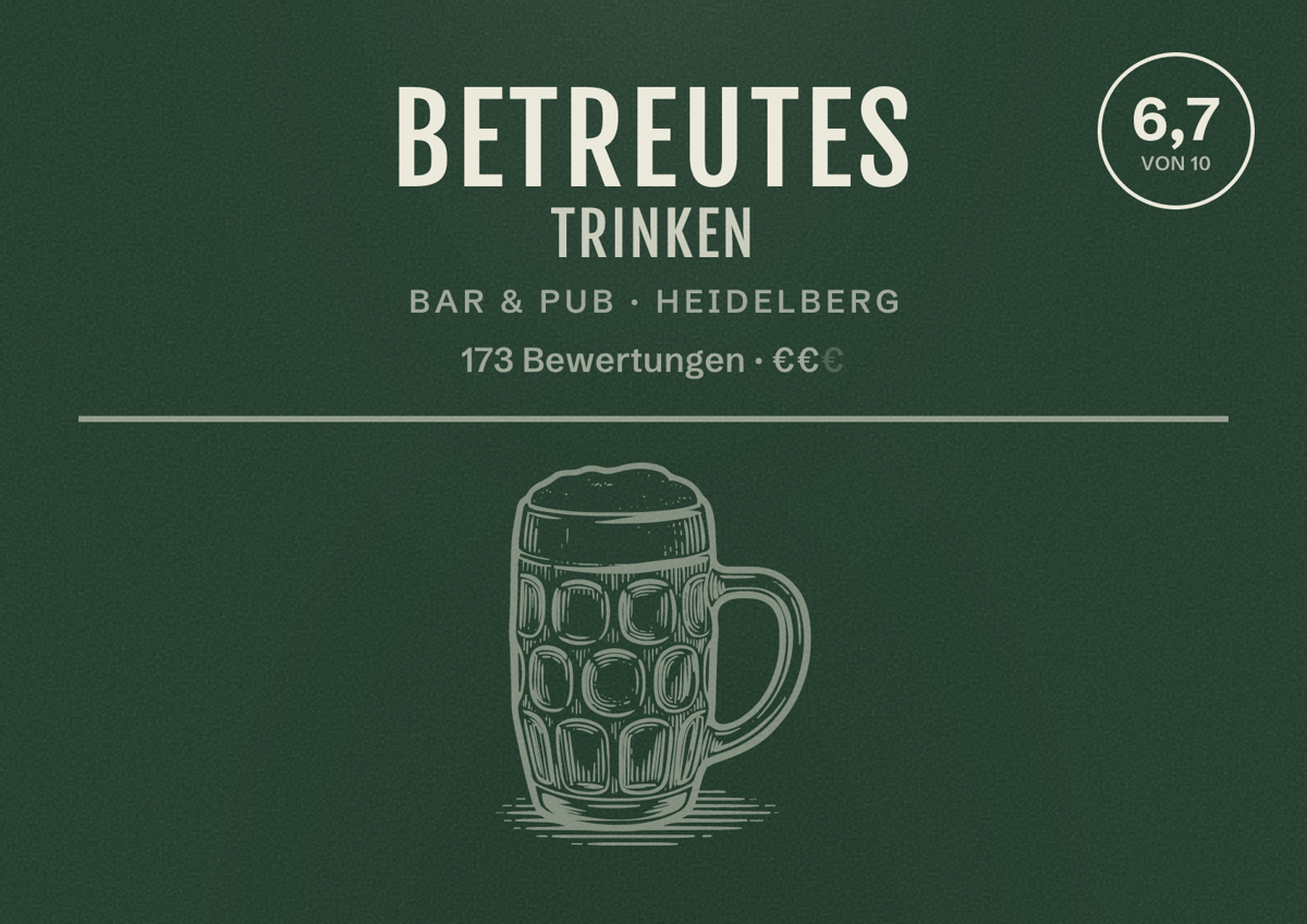 Illustriertes Poster von Betreutes Trinken, Bar & Pub in Heidelberg: Bewertung 6,7 von 10 aus 173 Bewertungen, Preisniveau €€