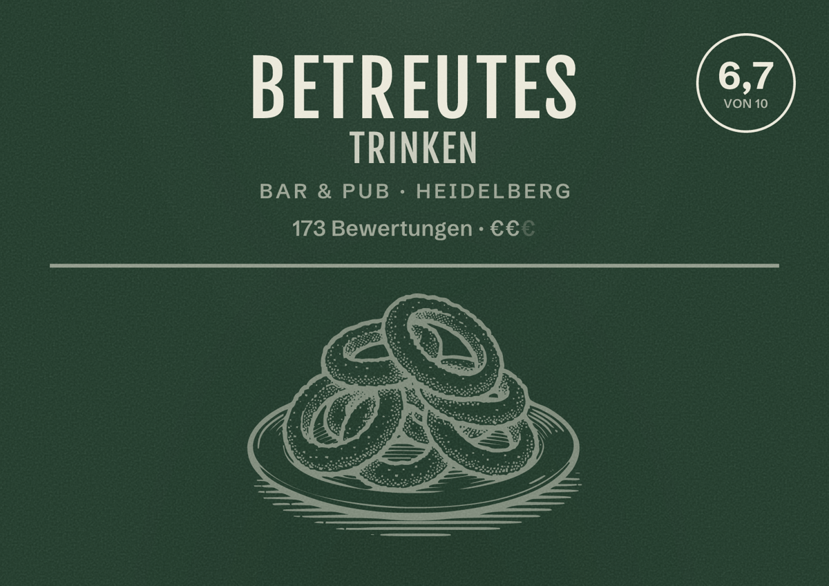 Illustriertes Poster von Betreutes Trinken, Bar & Pub in Heidelberg: Bewertung 6,7 von 10 aus 173 Bewertungen, Preisniveau €€