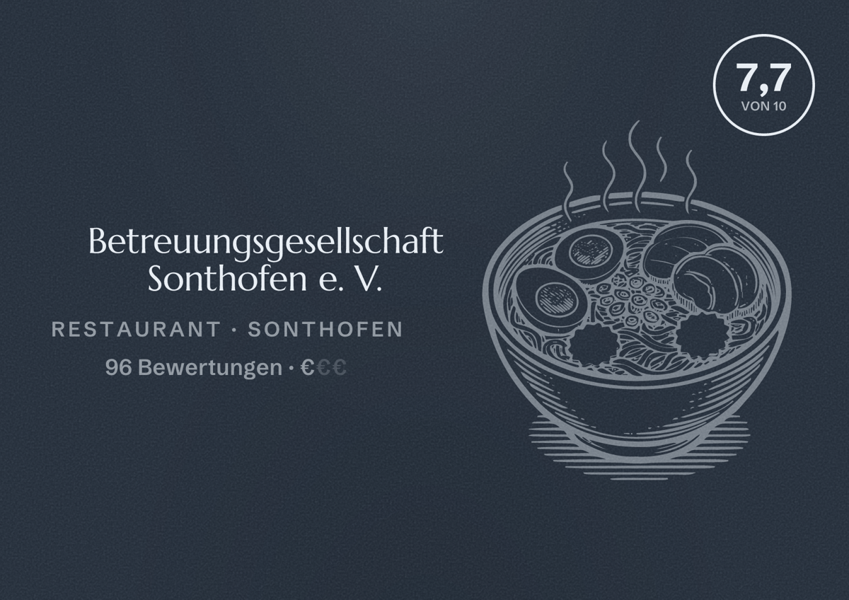 Illustriertes Poster von Betreuungsgesellschaft Sonthofen e. V., Restaurant in Sonthofen: Bewertung 7,7 von 10 aus 96 Bewertungen, Preisniveau €