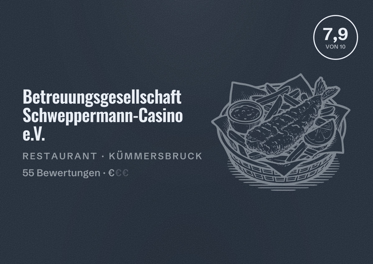 Illustriertes Poster von Betreuungsgesellschaft Schweppermann-Casino e.V., Restaurant in Kümmersbruck: Bewertung 7,9 von 10 aus 55 Bewertungen, Preisniveau €