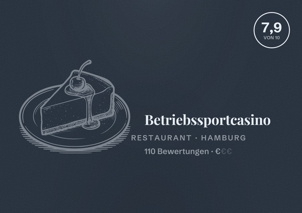 Illustriertes Poster von Betriebssportcasino, Restaurant in Hamburg: Bewertung 7,9 von 10 aus 110 Bewertungen, Preisniveau €