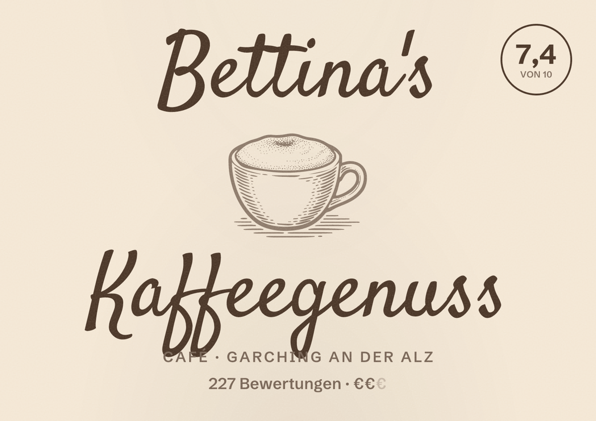 Illustriertes Poster von Bettina's Kaffeegenuss, Café in Garching an der Alz: Bewertung 7,4 von 10 aus 227 Bewertungen, Preisniveau €€