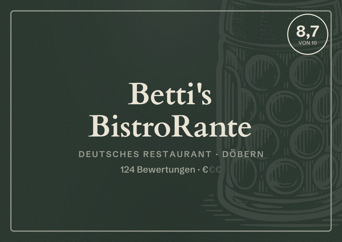 Illustriertes Poster von Betti's BistroRante, Deutsches Restaurant in Döbern: Bewertung 8,7 von 10 aus 124 Bewertungen, Preisniveau €