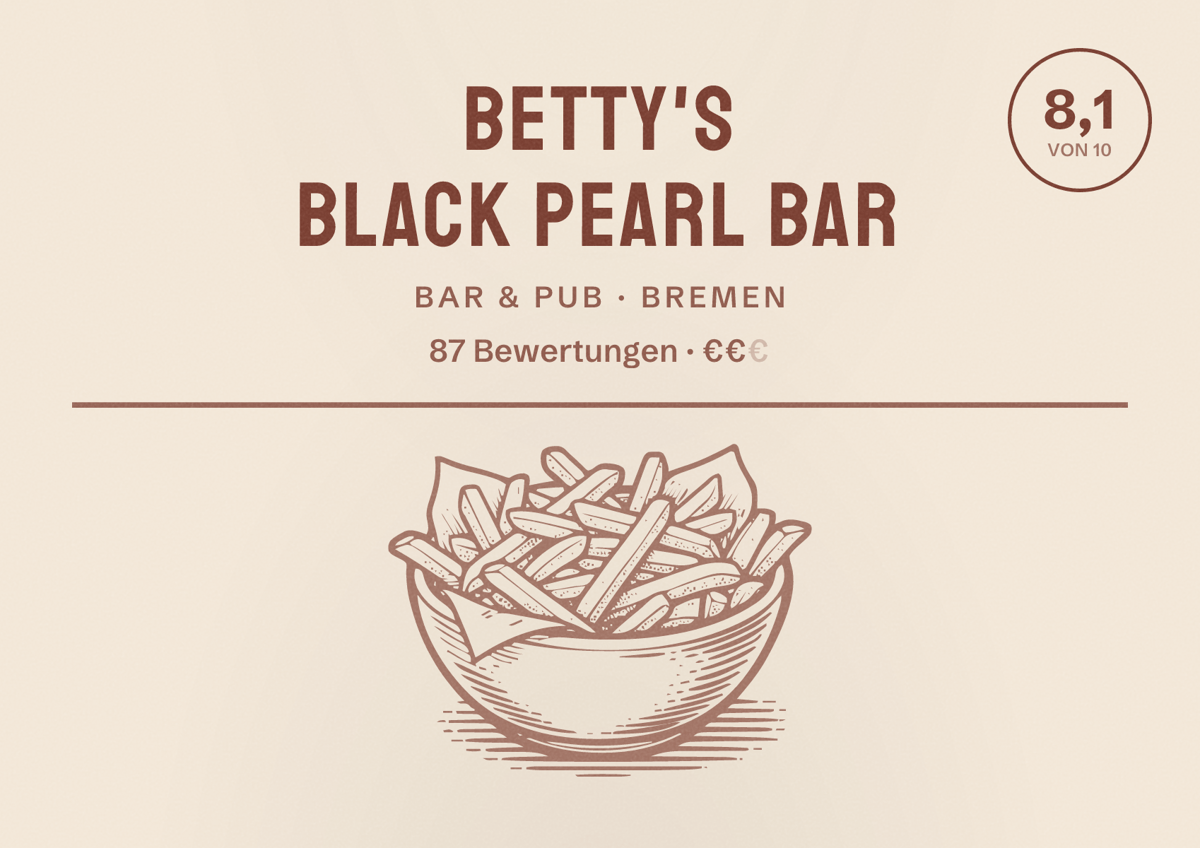 Illustriertes Poster von Betty's Black Pearl Bar, Bar & Pub in Bremen: Bewertung 8,1 von 10 aus 87 Bewertungen, Preisniveau €€