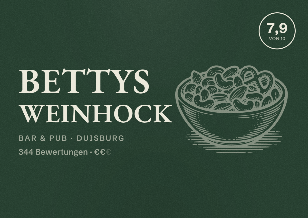 Illustriertes Poster von Bettys Weinhock, Bar & Pub in Duisburg: Bewertung 7,9 von 10 aus 344 Bewertungen, Preisniveau €€