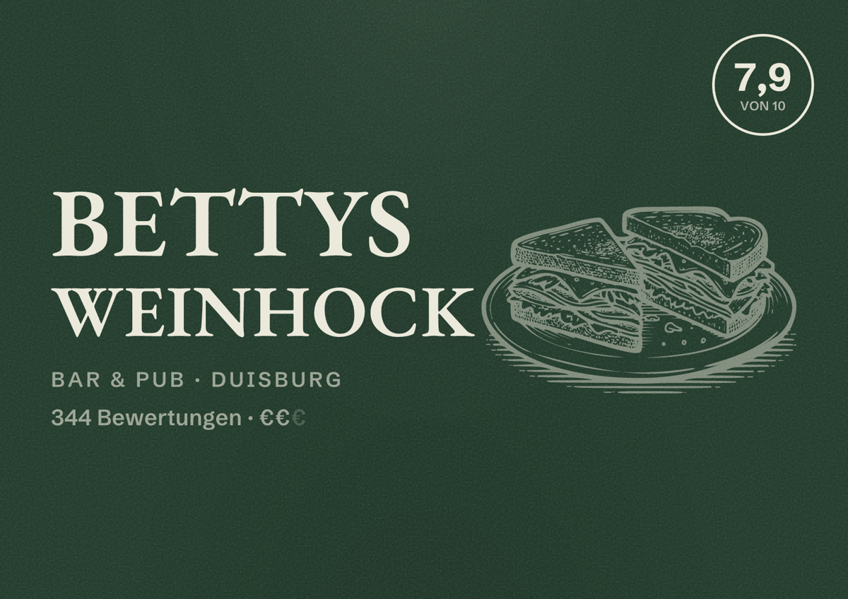Illustriertes Poster von Bettys Weinhock, Bar & Pub in Duisburg: Bewertung 7,9 von 10 aus 344 Bewertungen, Preisniveau €€