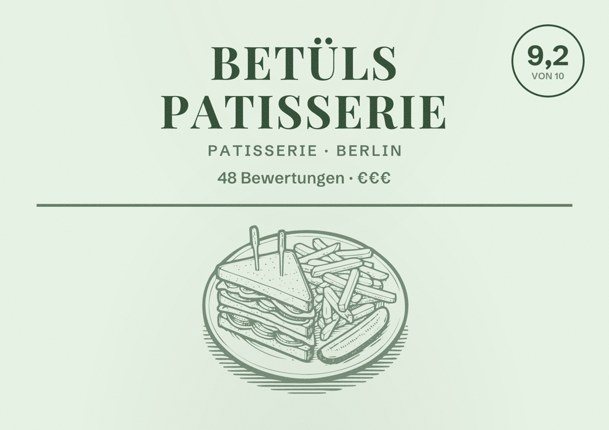 Illustriertes Poster von Betüls Patisserie, Patisserie in Berlin: Bewertung 9,2 von 10 aus 48 Bewertungen, Preisniveau €€€