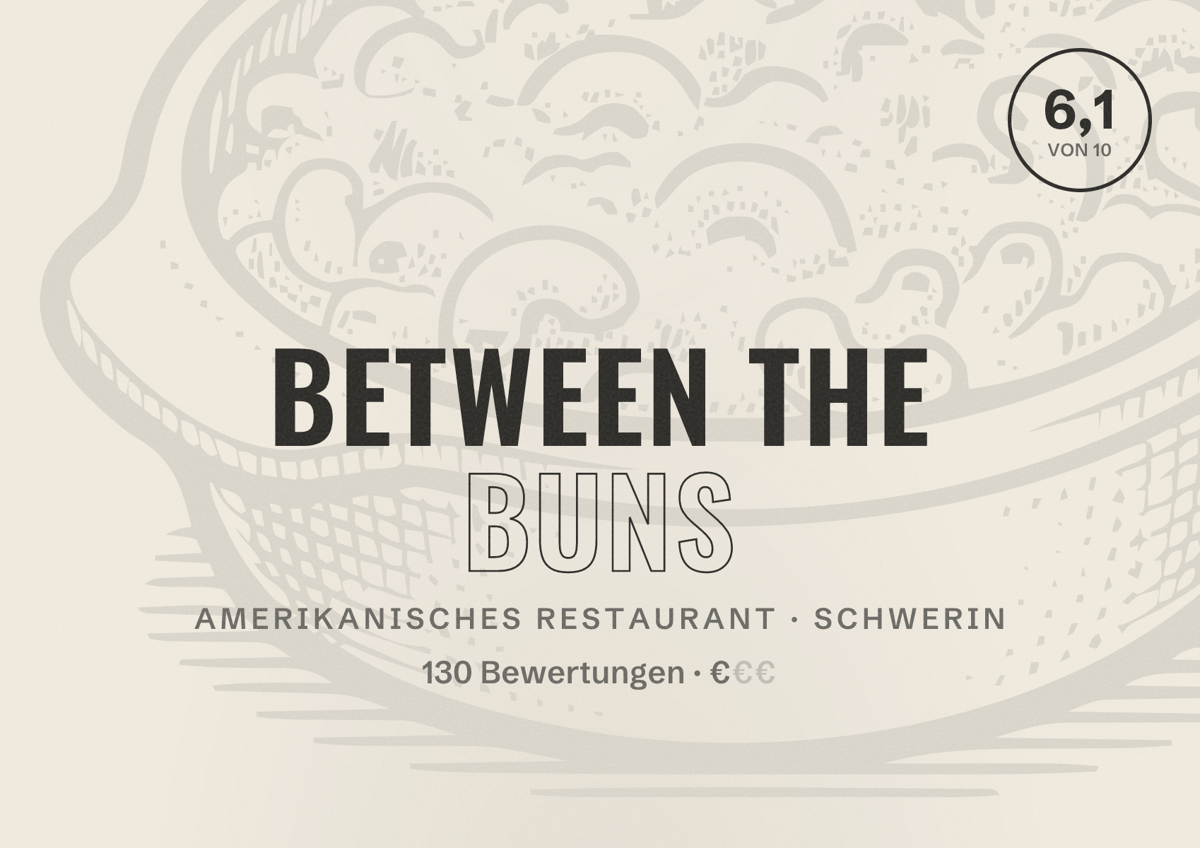 Illustriertes Poster von Between the buns, Amerikanisches Restaurant in Schwerin: Bewertung 6,1 von 10 aus 130 Bewertungen, Preisniveau €