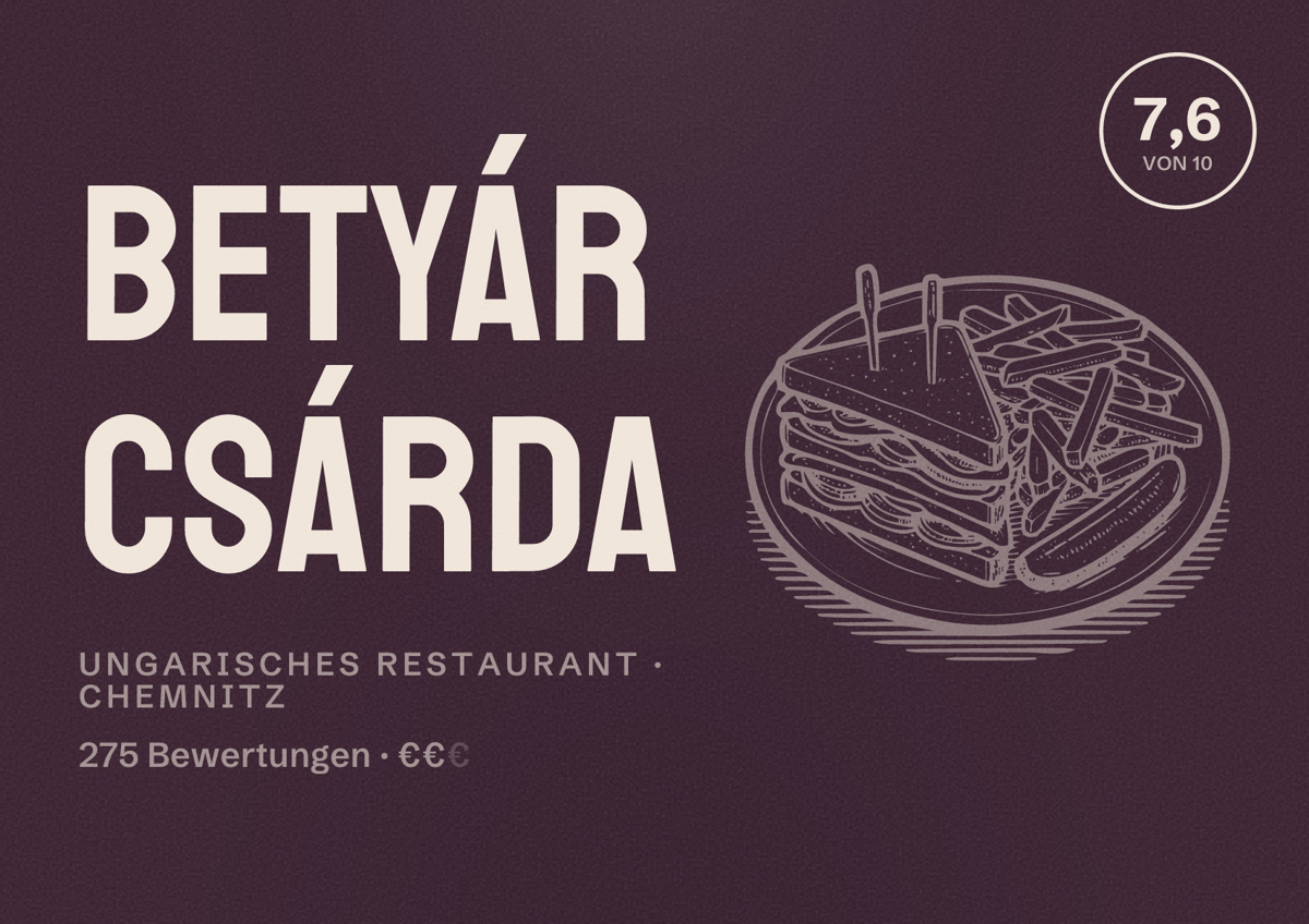 Illustriertes Poster von Betyár Csárda, Ungarisches Restaurant in Chemnitz: Bewertung 7,6 von 10 aus 275 Bewertungen, Preisniveau €€