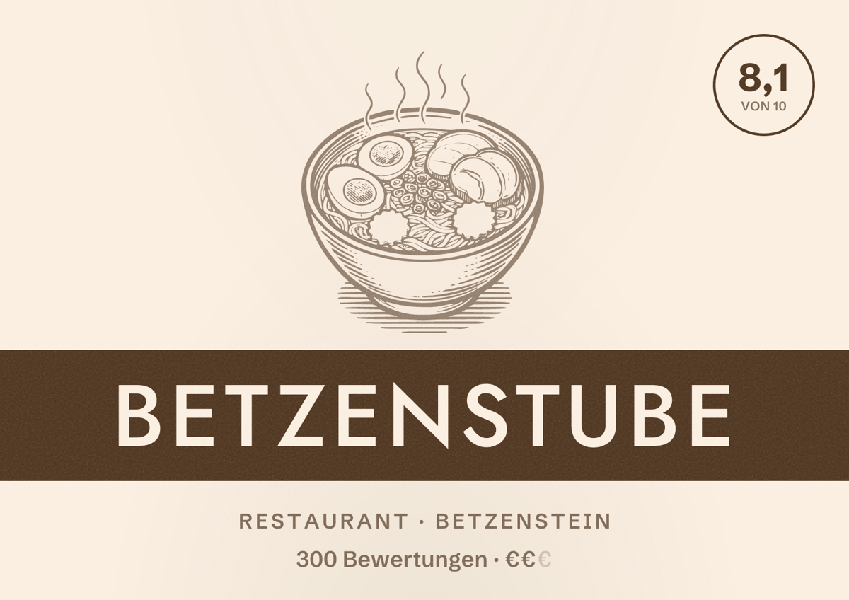 Illustriertes Poster von Betzenstube, Restaurant in Betzenstein: Bewertung 8,1 von 10 aus 300 Bewertungen, Preisniveau €€