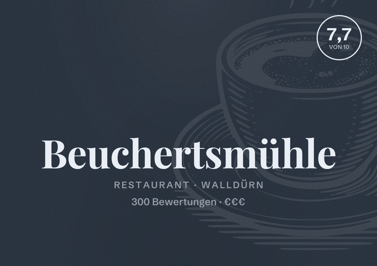 Illustriertes Poster von Beuchertsmühle, Restaurant in Walldürn: Bewertung 7,7 von 10 aus 300 Bewertungen, Preisniveau €€€