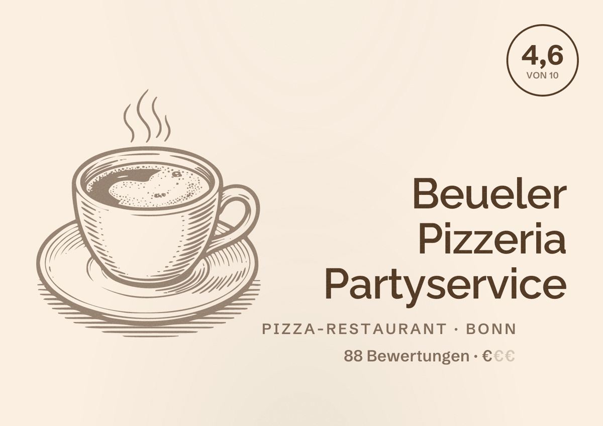 Illustriertes Poster von Beueler Pizzeria Partyservice, Pizza-Restaurant in Bonn: Bewertung 4,6 von 10 aus 88 Bewertungen, Preisniveau €