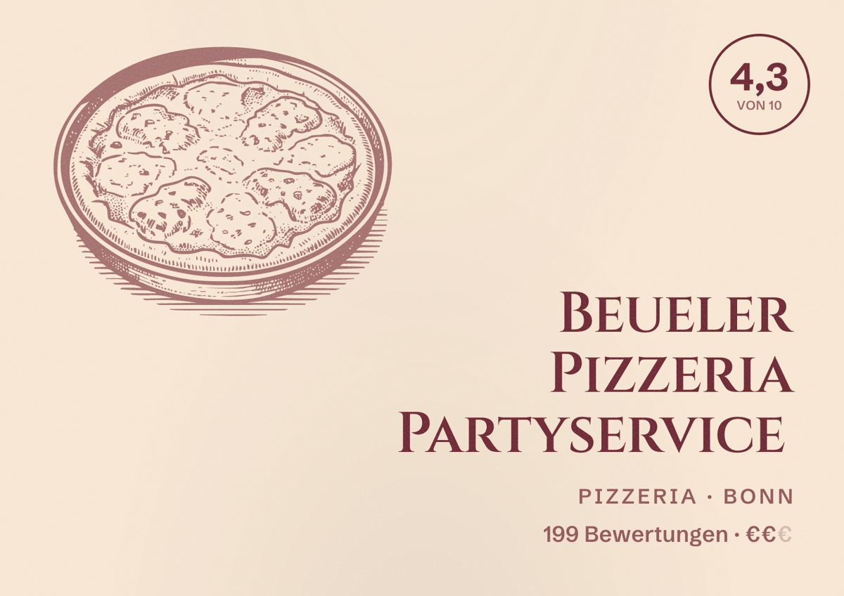 Illustriertes Poster von Beueler Pizzeria Partyservice, Pizzeria in Bonn: Bewertung 4,3 von 10 aus 199 Bewertungen, Preisniveau €€