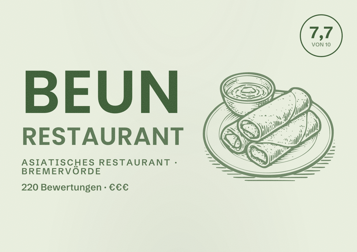 Illustriertes Poster von Beun Restaurant, Asiatisches Restaurant in Bremervörde: Bewertung 7,7 von 10 aus 220 Bewertungen, Preisniveau €€€
