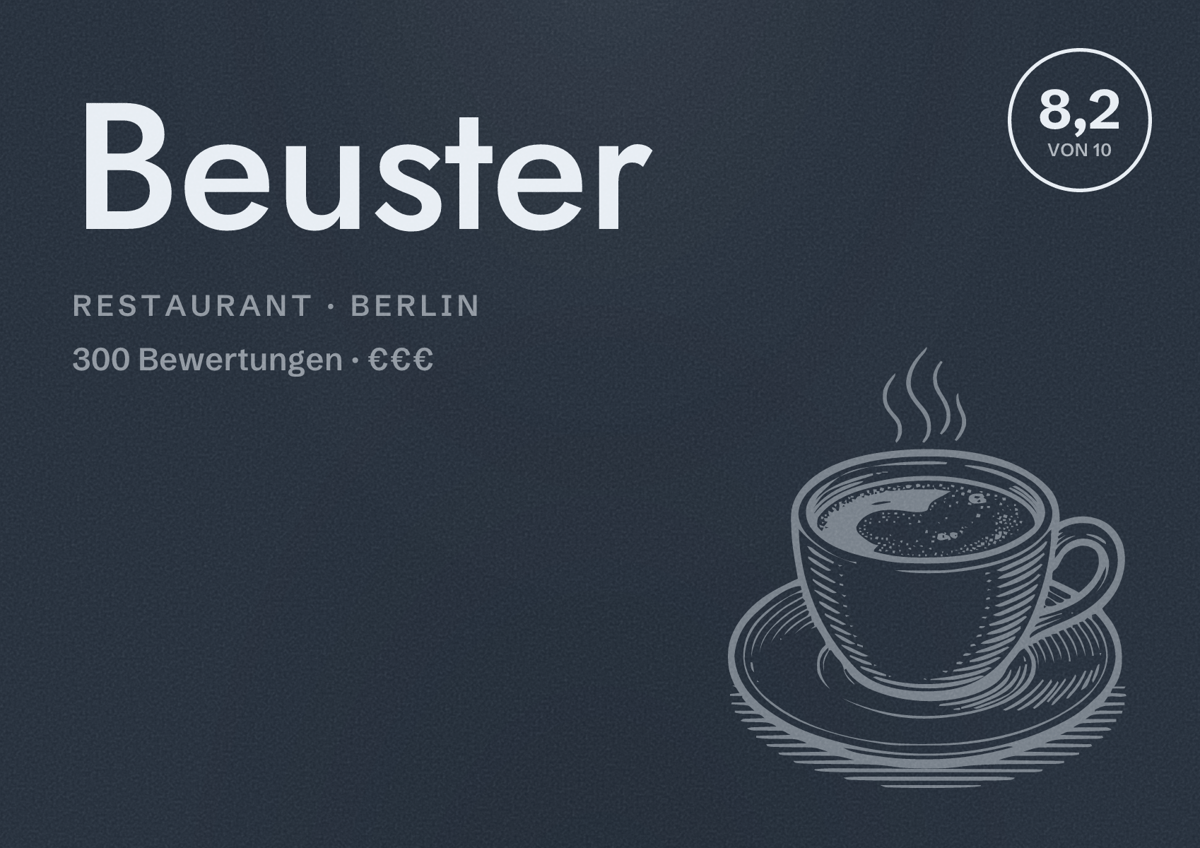 Illustriertes Poster von Beuster, Restaurant in Berlin: Bewertung 8,2 von 10 aus 300 Bewertungen, Preisniveau €€€