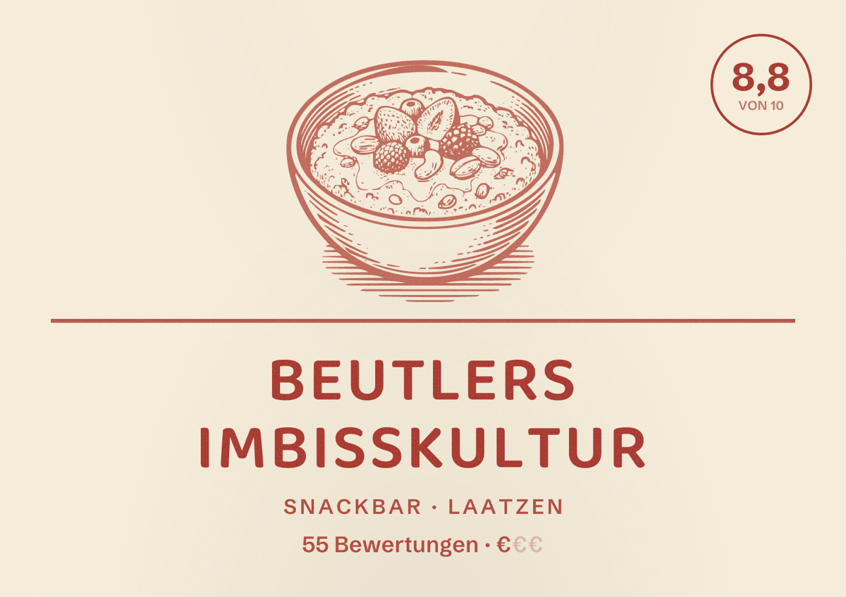 Illustriertes Poster von Beutlers Imbisskultur, Snackbar in Laatzen: Bewertung 8,8 von 10 aus 55 Bewertungen, Preisniveau €