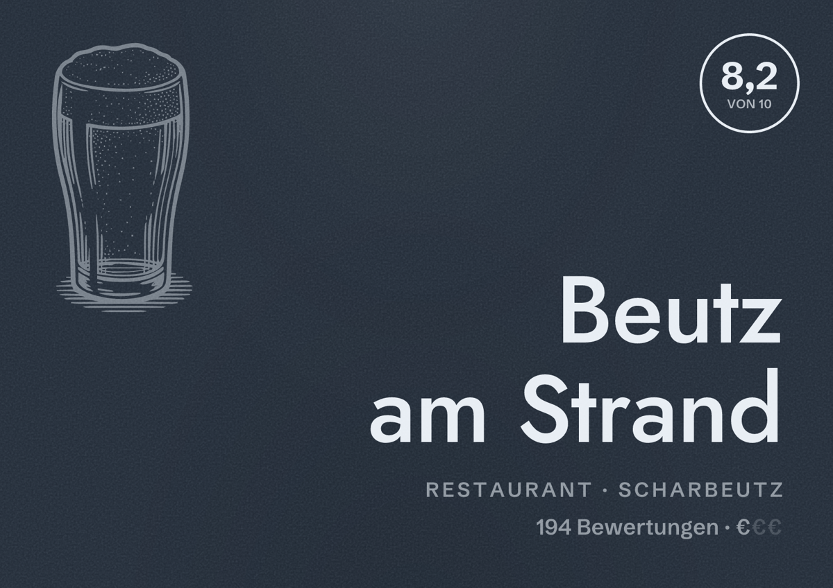 Illustriertes Poster von Beutz am Strand, Restaurant in Scharbeutz: Bewertung 8,2 von 10 aus 194 Bewertungen, Preisniveau €