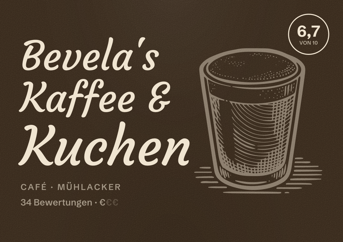 Illustriertes Poster von Bevela's Kaffee & Kuchen, Café in Mühlacker: Bewertung 6,7 von 10 aus 34 Bewertungen, Preisniveau €