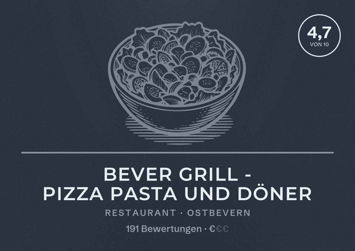 Illustriertes Poster von Bever Grill - Pizza Pasta und Döner, Restaurant in Ostbevern: Bewertung 4,7 von 10 aus 191 Bewertungen, Preisniveau €