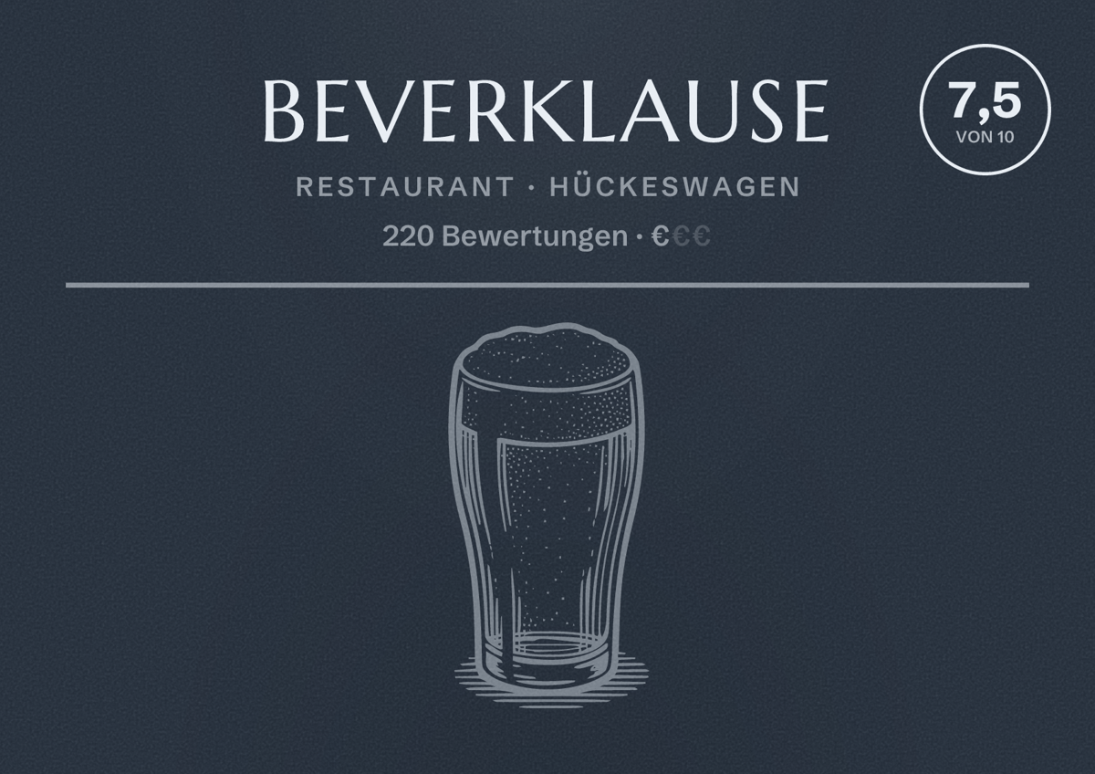 Illustriertes Poster von Beverklause, Restaurant in Hückeswagen: Bewertung 7,5 von 10 aus 220 Bewertungen, Preisniveau €