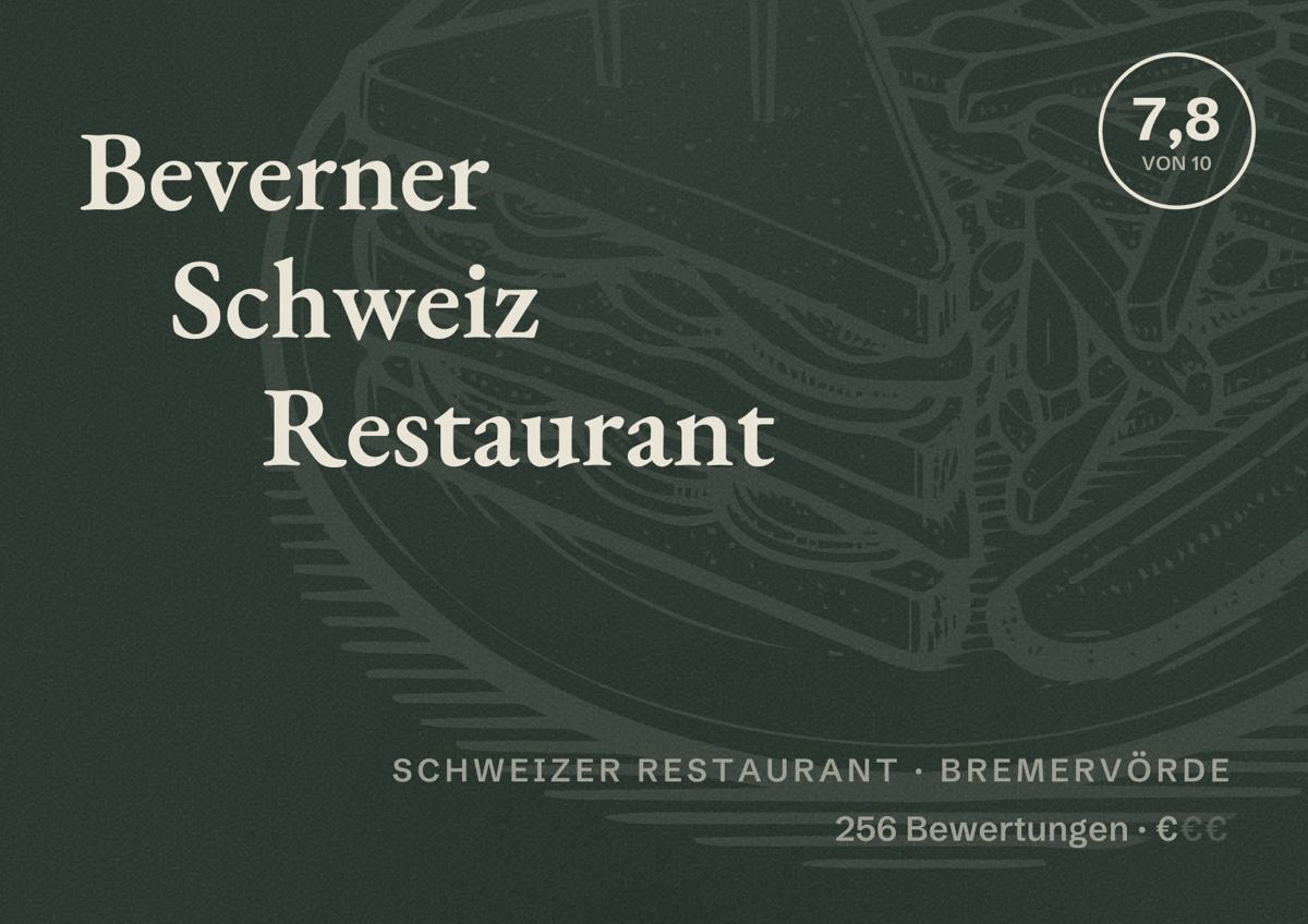 Illustriertes Poster von Beverner Schweiz Restaurant, Schweizer Restaurant in Bremervörde: Bewertung 7,8 von 10 aus 256 Bewertungen, Preisniveau €